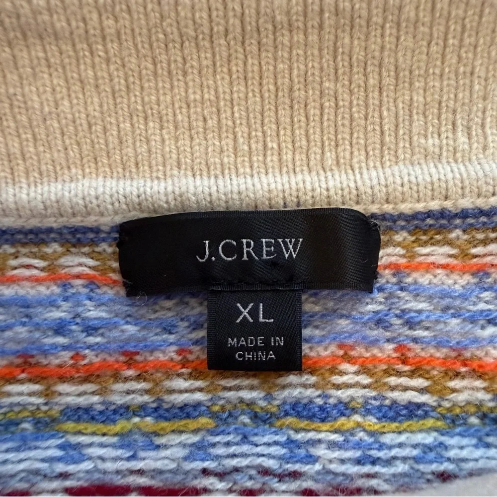 EUC J. Crew Lambs Wool Blend Fair Isle Collared Sweater Blue Orange Cream Birds